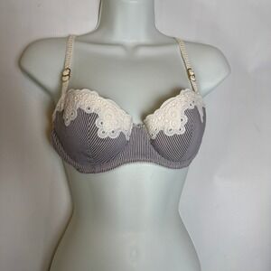 Stella McCartney Grey Pinstripe Lace Balconette Bra White Eyelet 36B Feminine
